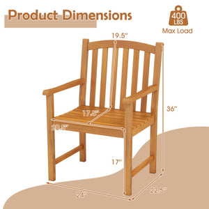 Solid Acacia Wood Patio Chairs Set of 2 with Slatted Seat and Inclined Backrest for Porch