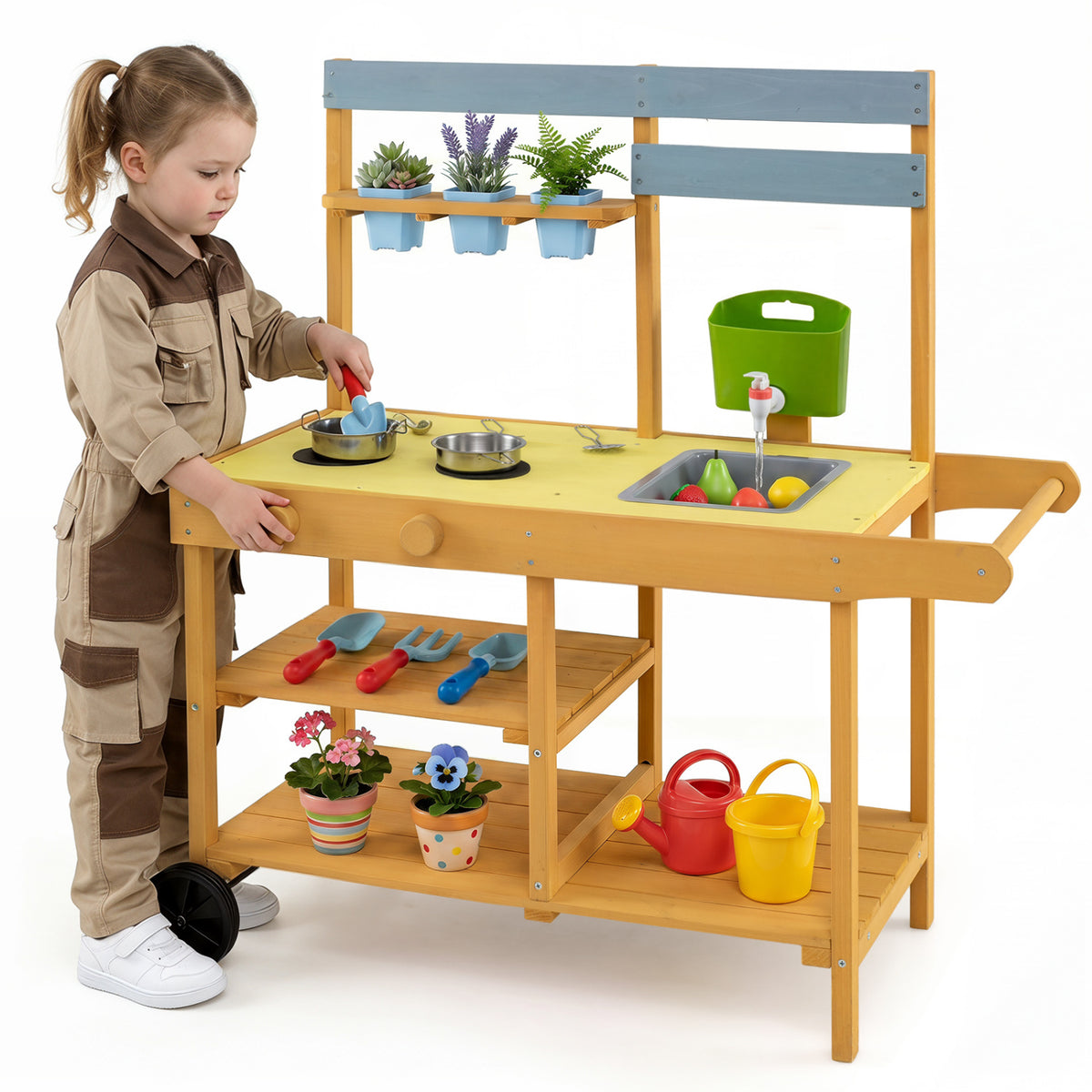 Wooden Outdoor Mud Kitchen for Kids with Flowerpots and Wheels-Yellow