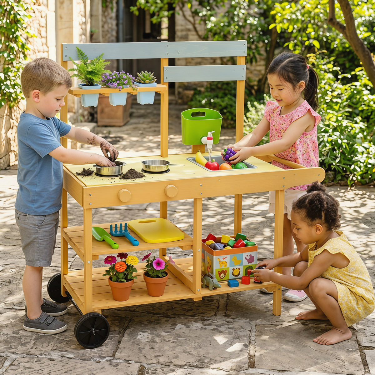 Wooden Outdoor Mud Kitchen for Kids with Flowerpots and Wheels-Yellow