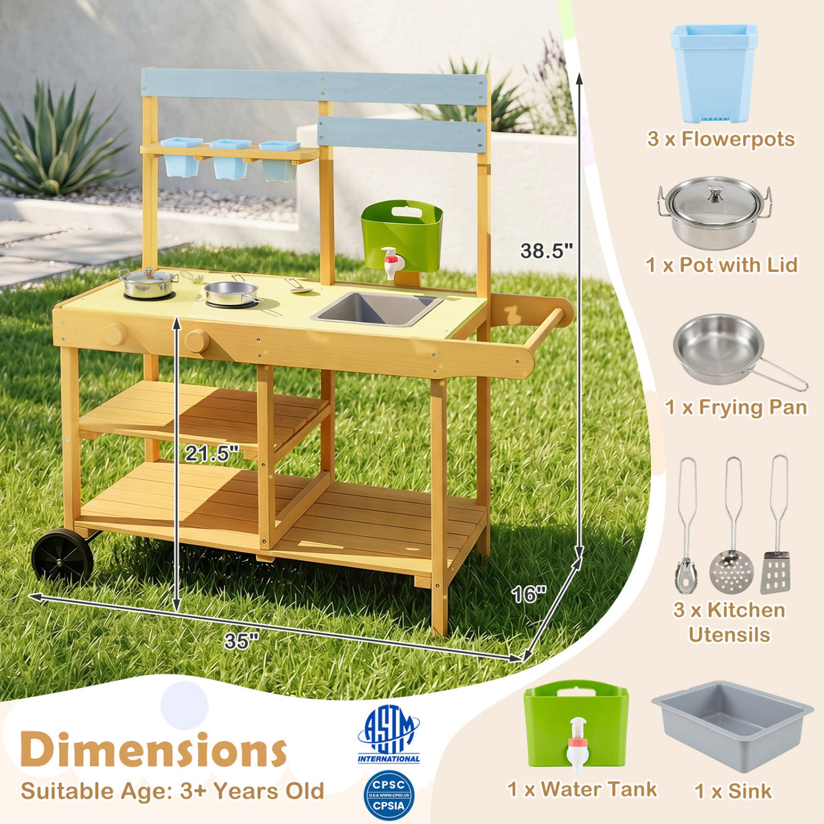 Wooden Outdoor Mud Kitchen for Kids with Flowerpots and Wheels-Yellow