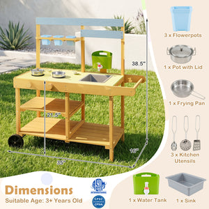 Wooden Outdoor Mud Kitchen for Kids with Flowerpots and Wheels-Yellow