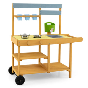 Wooden Outdoor Mud Kitchen for Kids with Flowerpots and Wheels-Yellow
