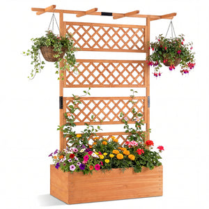 Wooden Planter Box with Lattice Trellis Raised Garden Bed Privacy Screen with Flat Roof-Orange