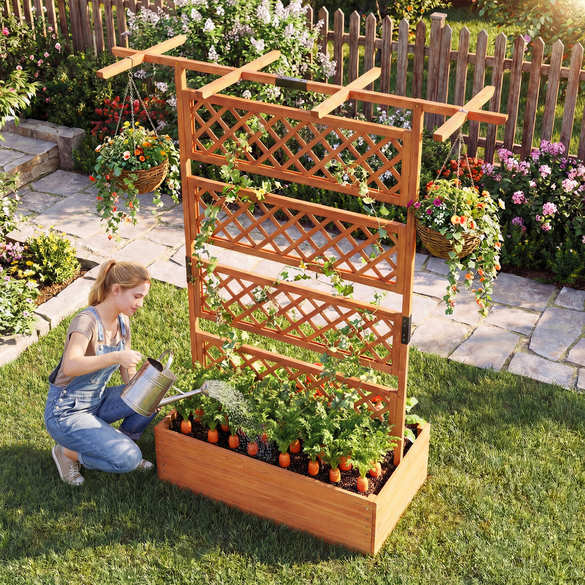 Wooden Planter Box with Lattice Trellis Raised Garden Bed Privacy Screen with Flat Roof-Orange