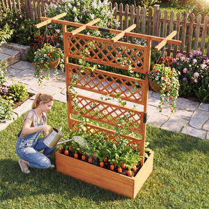 Wooden Planter Box with Lattice Trellis Raised Garden Bed Privacy Screen with Flat Roof-Orange