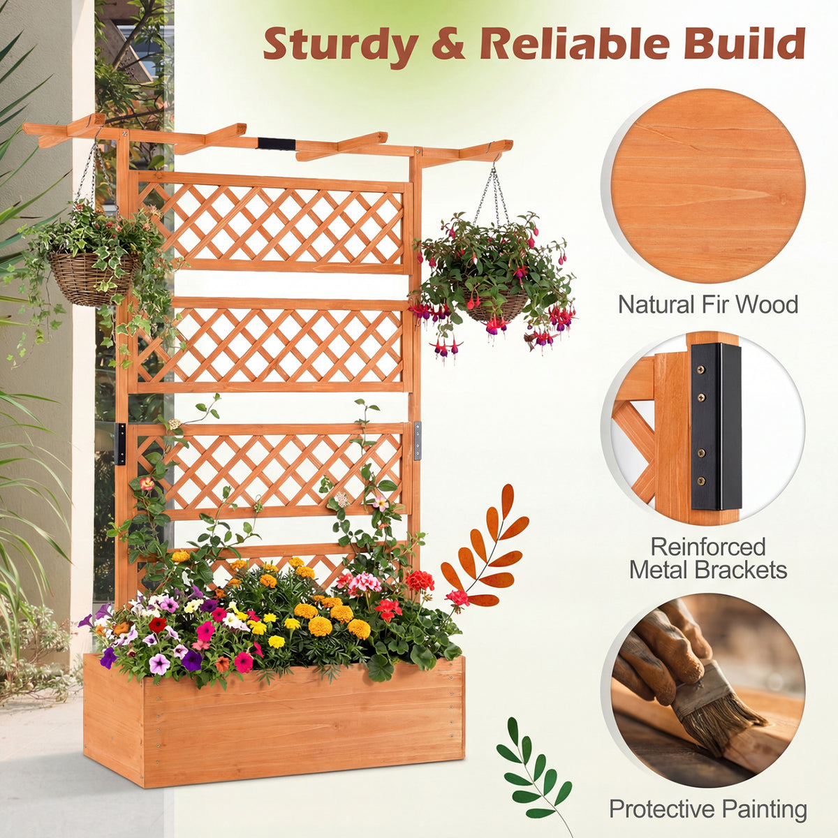 Wooden Planter Box with Lattice Trellis Raised Garden Bed Privacy Screen with Flat Roof-Orange