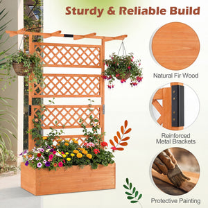 Wooden Planter Box with Lattice Trellis Raised Garden Bed Privacy Screen with Flat Roof-Orange