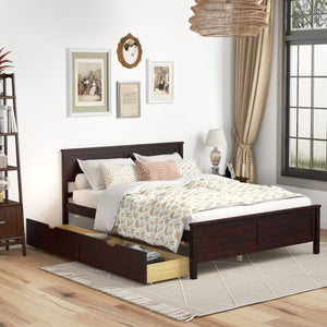 Full Size Bed Frame with Storage Drawers and Solid Wood Headboard-Espresso