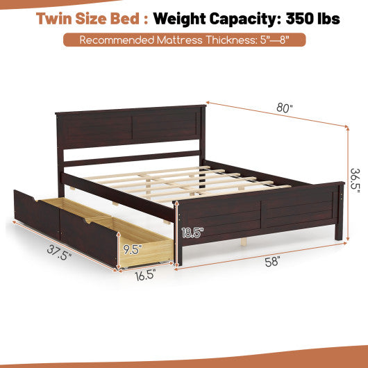 Full Size Bed Frame with Storage Drawers and Solid Wood Headboard-Espresso