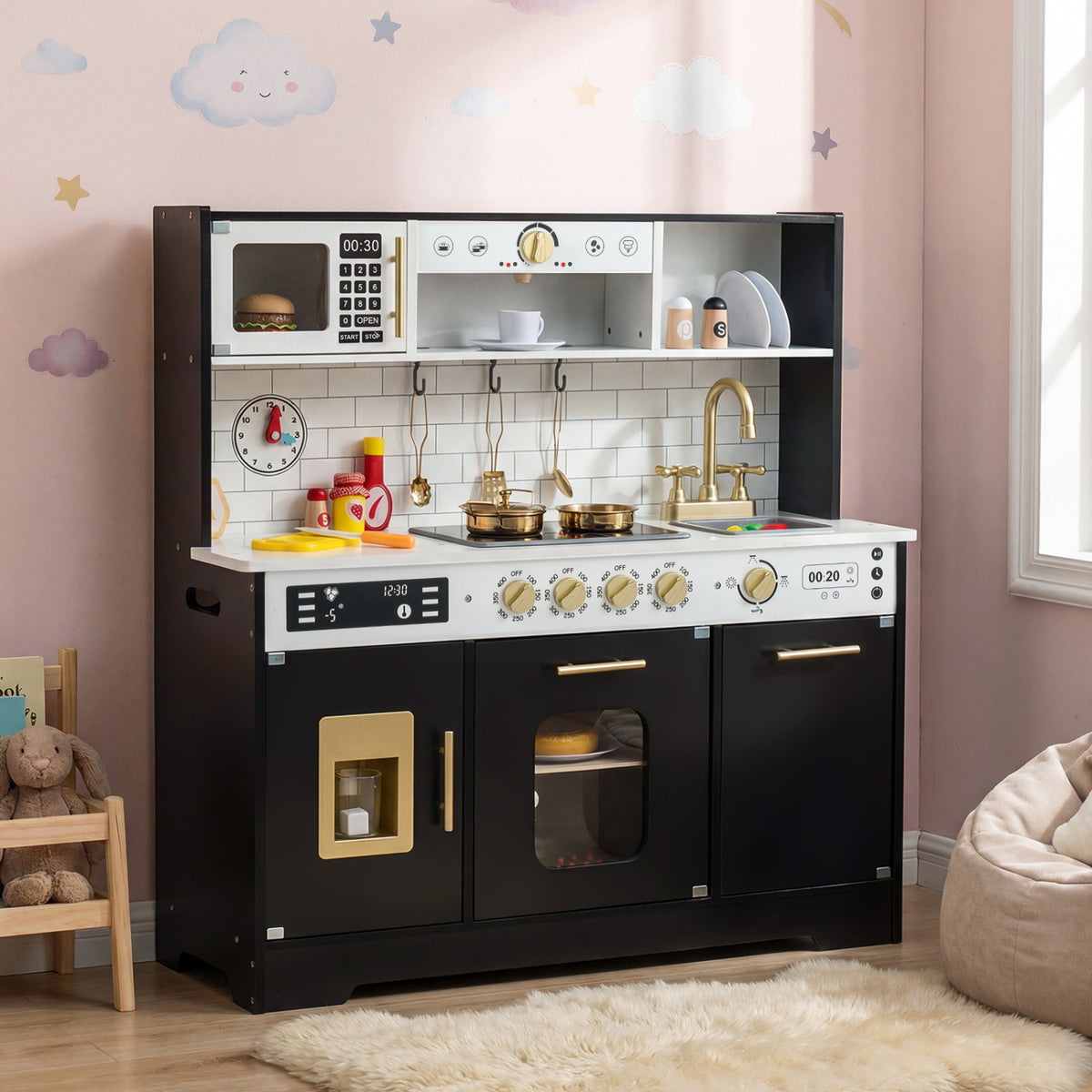 Wooden Play Kitchen for Kids with Realistic Lights and Sounds-Black