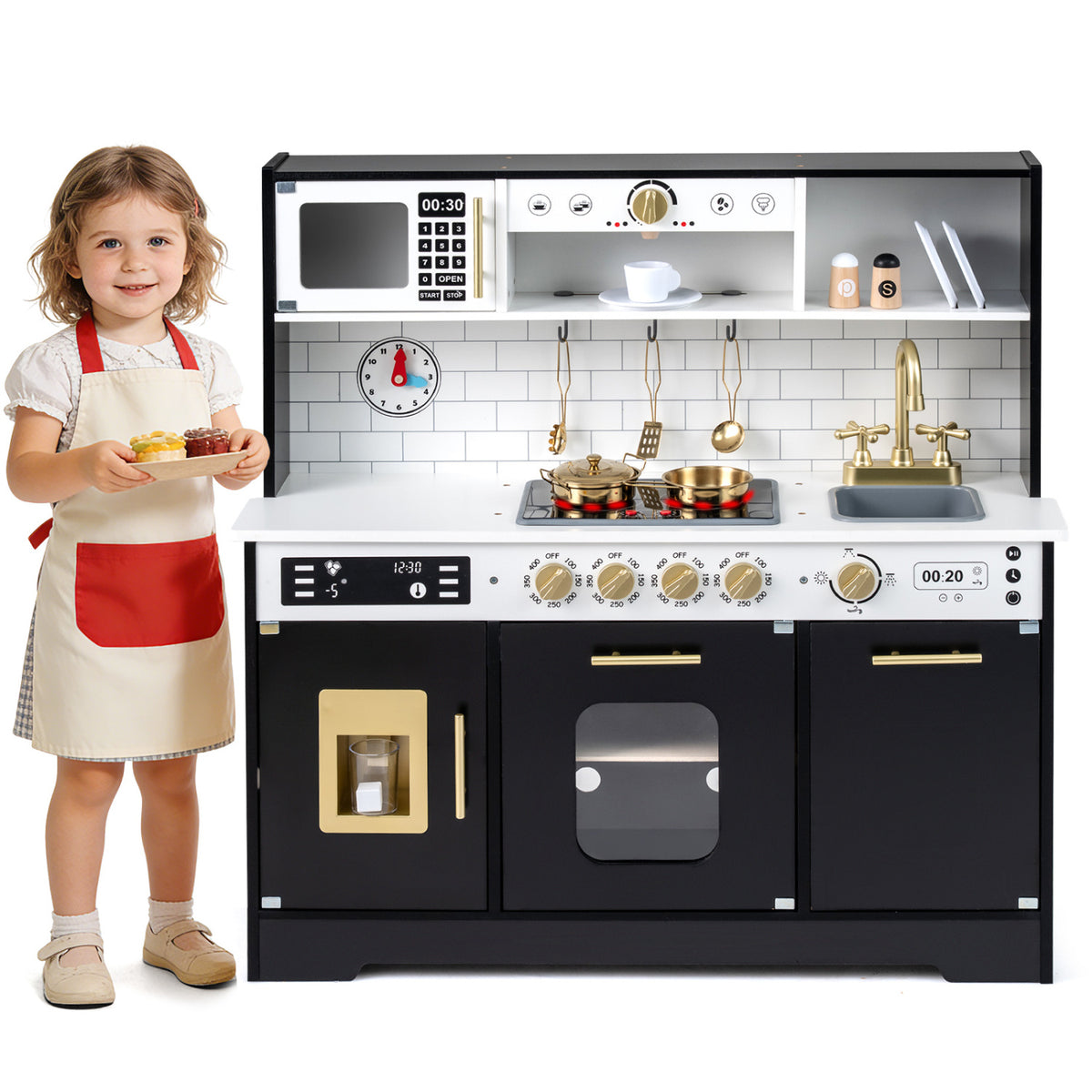 Wooden Play Kitchen for Kids with Realistic Lights and Sounds-Black