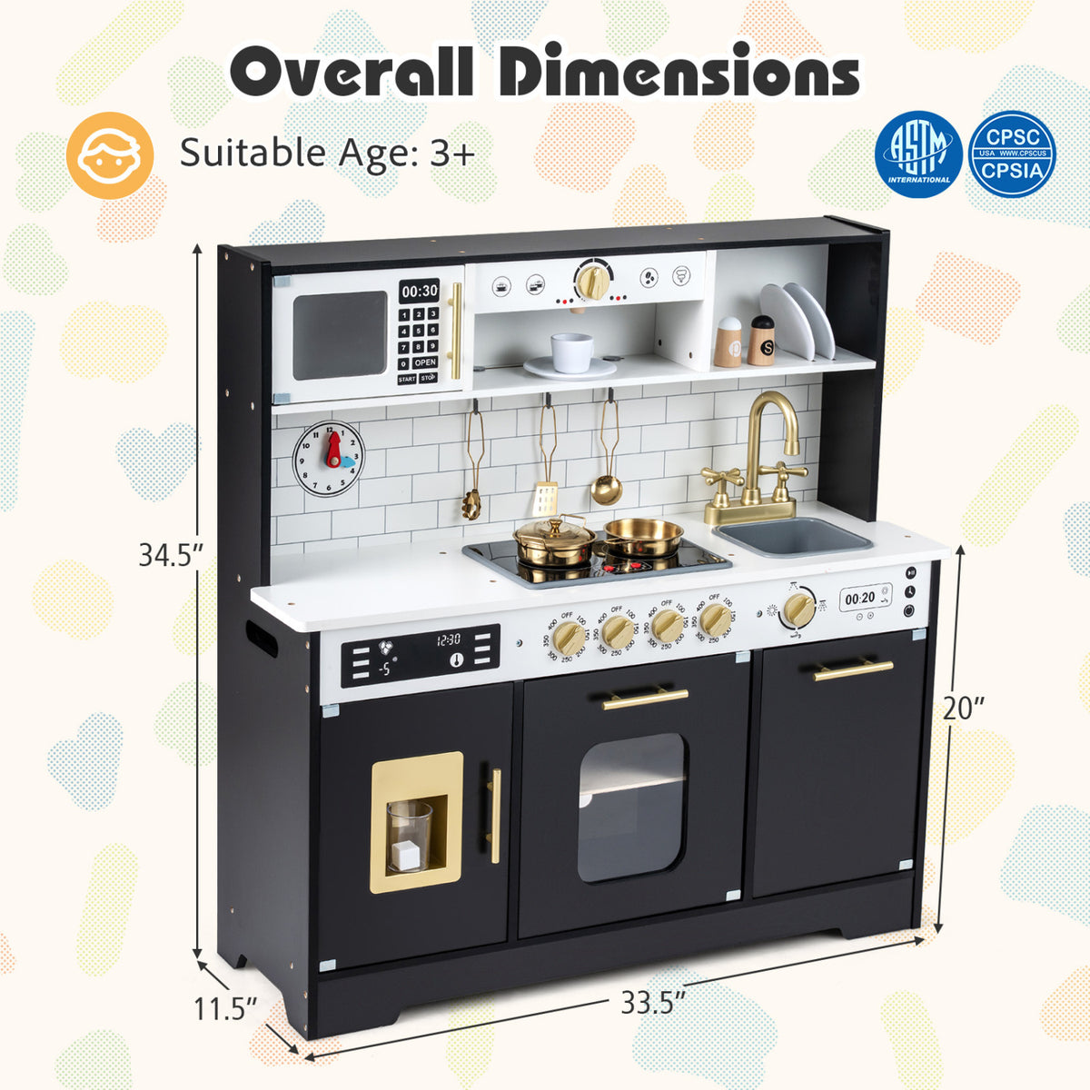 Wooden Play Kitchen for Kids with Realistic Lights and Sounds-Black