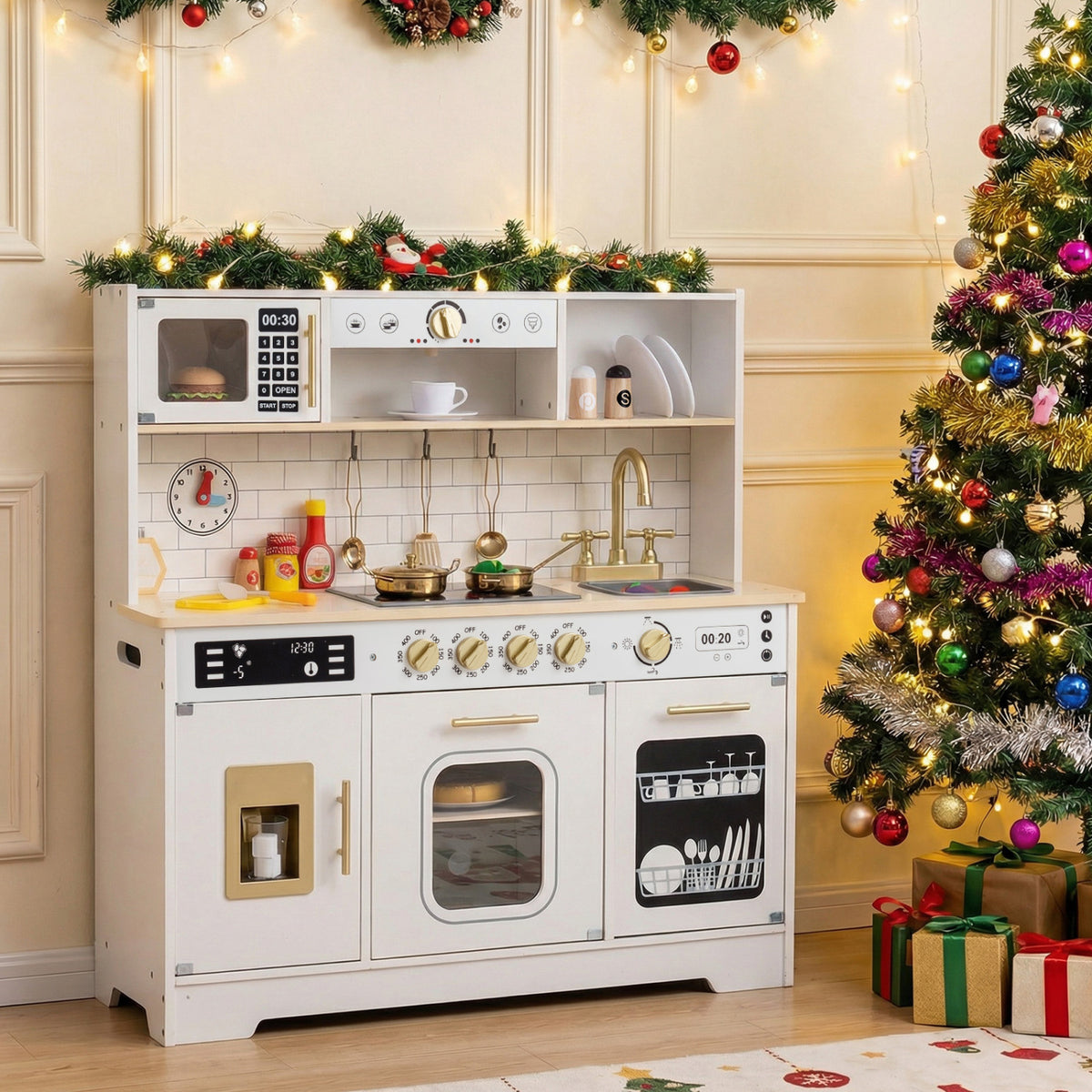 Wooden Play Kitchen for Kids with Realistic Lights and Sounds-White