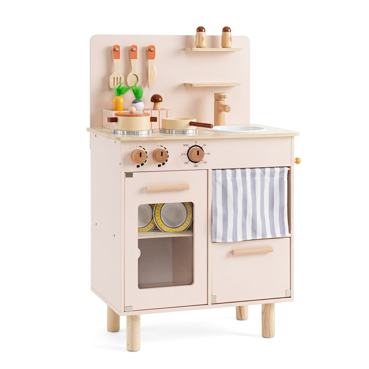Wooden Play Kitchen for Kids Toddler Kitchen Playset with Stoves Faucet Sink-Beige