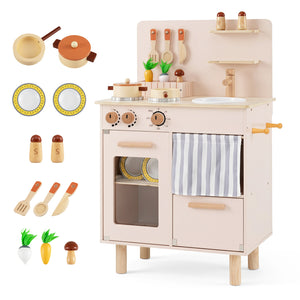 Wooden Play Kitchen for Kids Toddler Kitchen Playset with Stoves Faucet Sink-Beige