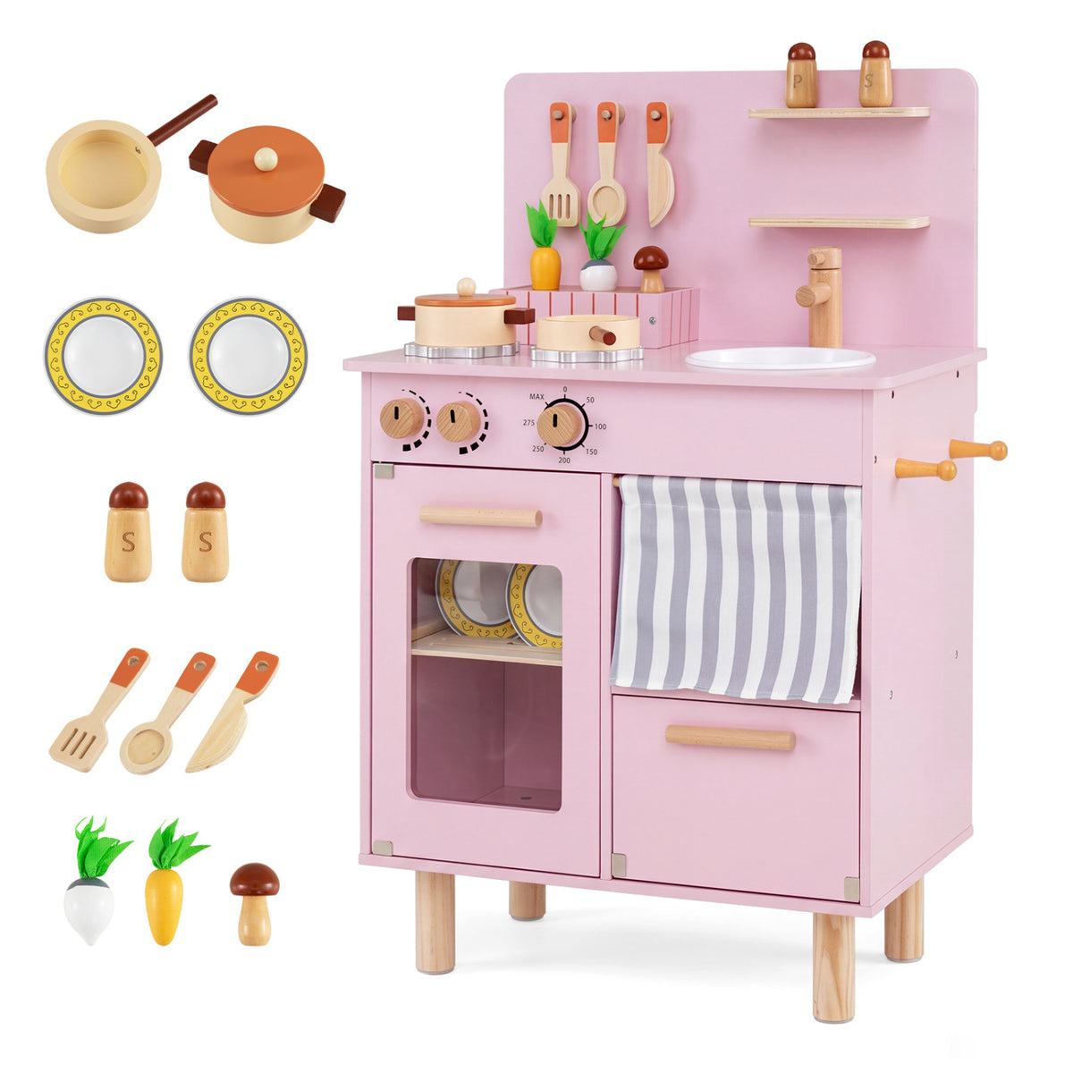 Wooden Play Kitchen for Kids Toddler Kitchen Playset with Stoves Faucet Sink-Pink