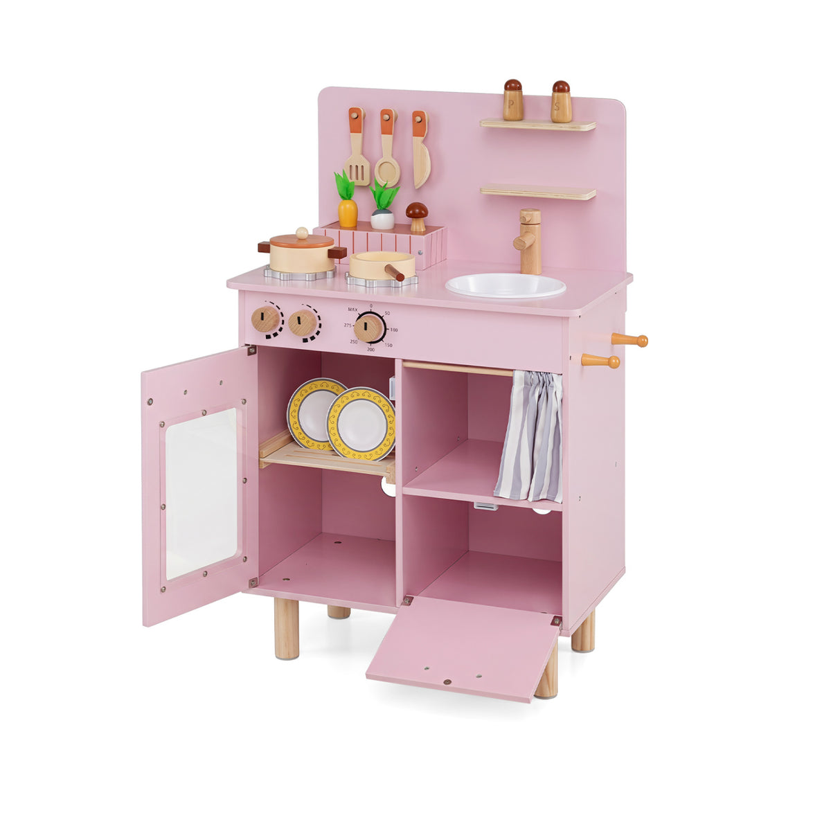 Wooden Play Kitchen for Kids Toddler Kitchen Playset with Stoves Faucet Sink-Pink