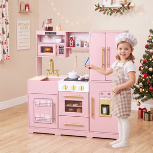 Wooden Play Kitchen with Lights & Sounds and Sink Stove Oven for Kids Ages 3+-Pink