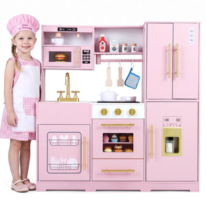 Wooden Play Kitchen with Lights & Sounds and Sink Stove Oven for Kids Ages 3+-Pink