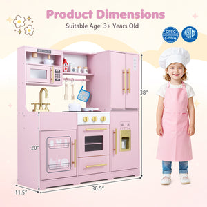 Wooden Play Kitchen with Lights & Sounds and Sink Stove Oven for Kids Ages 3+-Pink