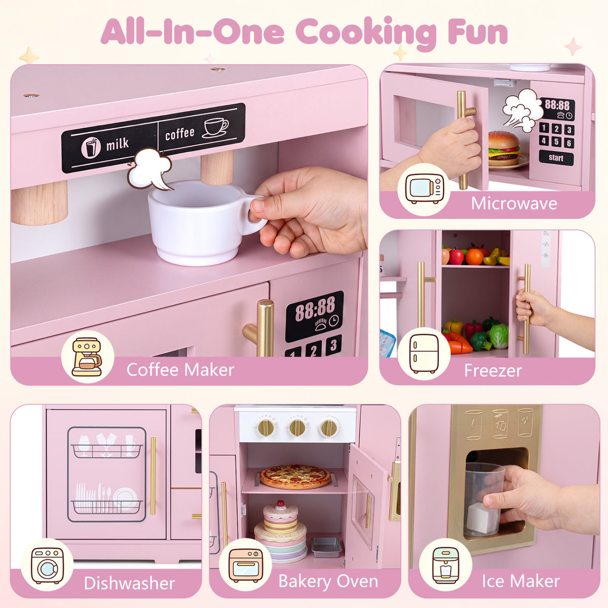 Wooden Play Kitchen with Lights & Sounds and Sink Stove Oven for Kids Ages 3+-Pink