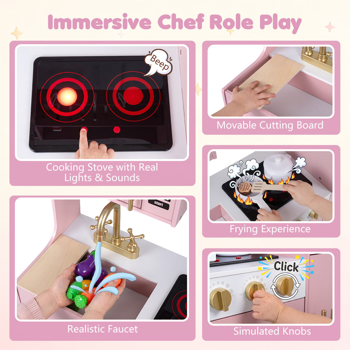 Wooden Play Kitchen with Lights & Sounds and Sink Stove Oven for Kids Ages 3+-Pink