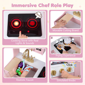 Wooden Play Kitchen with Lights & Sounds and Sink Stove Oven for Kids Ages 3+-Pink