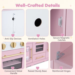 Wooden Play Kitchen with Lights & Sounds and Sink Stove Oven for Kids Ages 3+-Pink