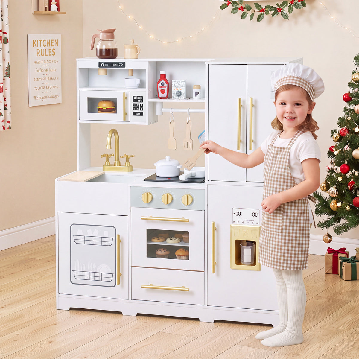 Wooden Play Kitchen with Lights & Sounds and Sink Stove Oven for Kids Ages 3+-White