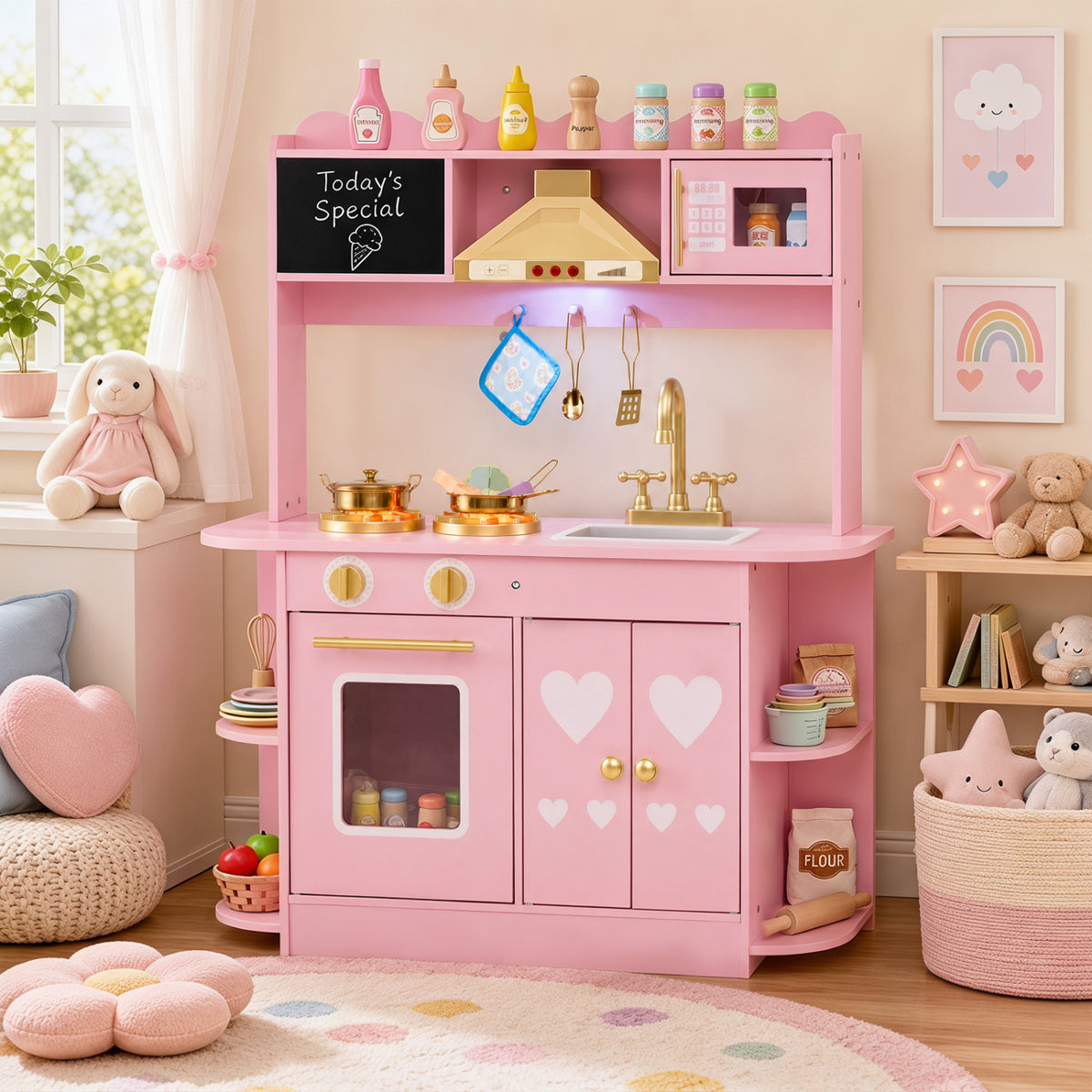 Wooden Play Kitchen with Lights & Sounds and Stove Oven for Toddlers Ages 3+-Pink