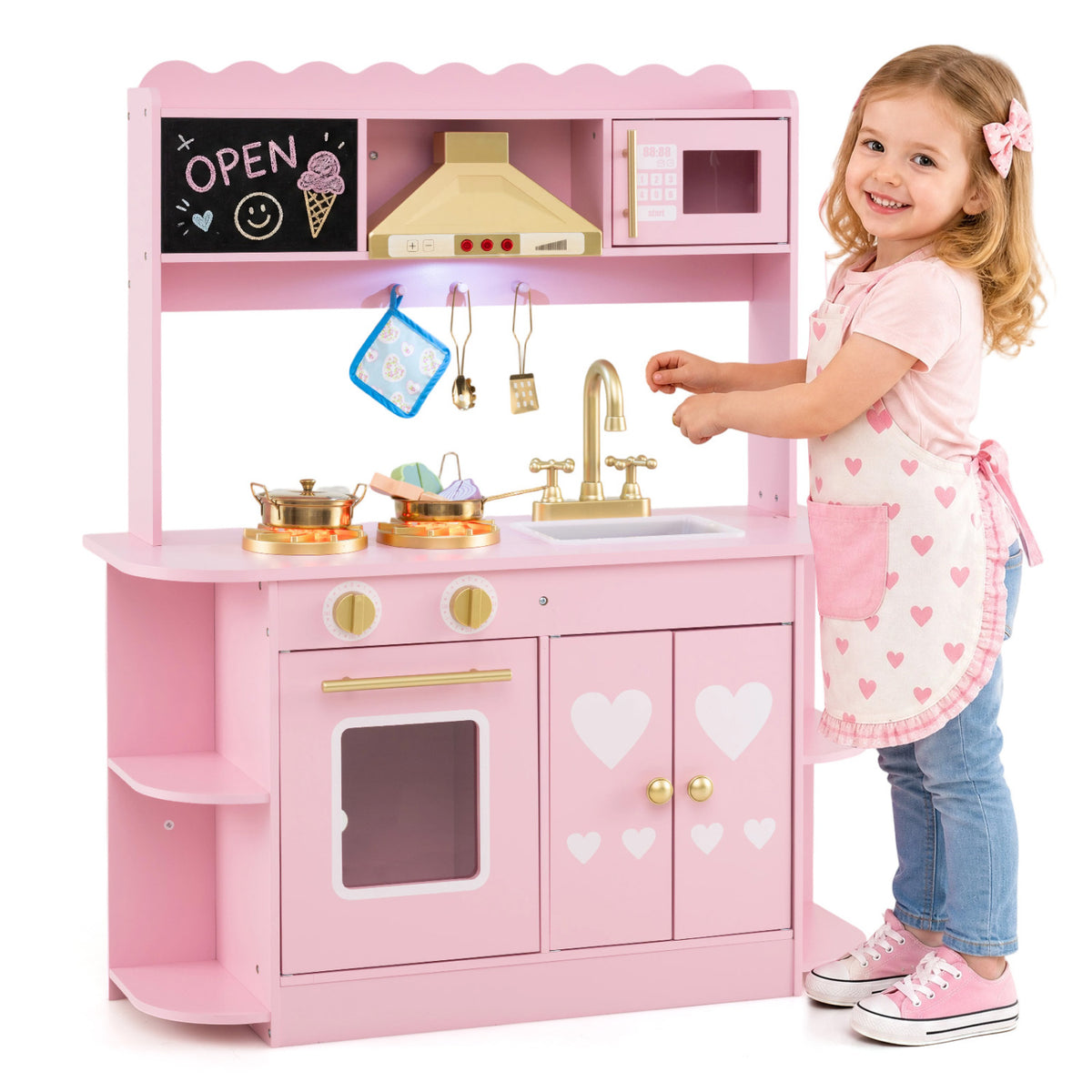 Wooden Play Kitchen with Lights & Sounds and Stove Oven for Toddlers Ages 3+-Pink