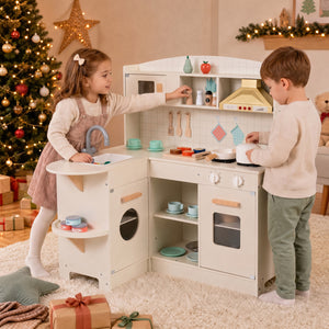 Wooden Play Kitchen with Lights & Sounds and Stove Microwave Sink for Ages 3+-White
