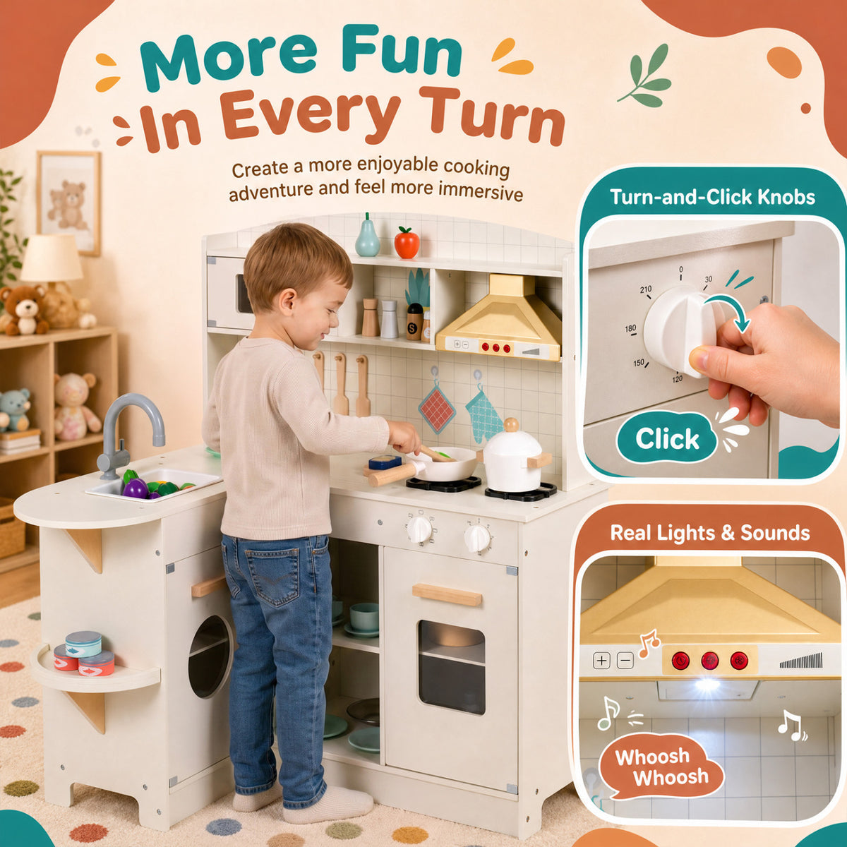 Wooden Play Kitchen with Lights & Sounds and Stove Microwave Sink for Ages 3+-White