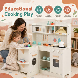 Wooden Play Kitchen with Lights & Sounds and Stove Microwave Sink for Ages 3+-White