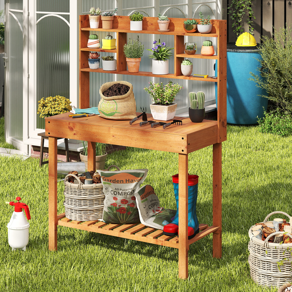 Wooden Potting Bench Table  61" Garden Planting Workstation with 3-Tier Open Shelf-Brown