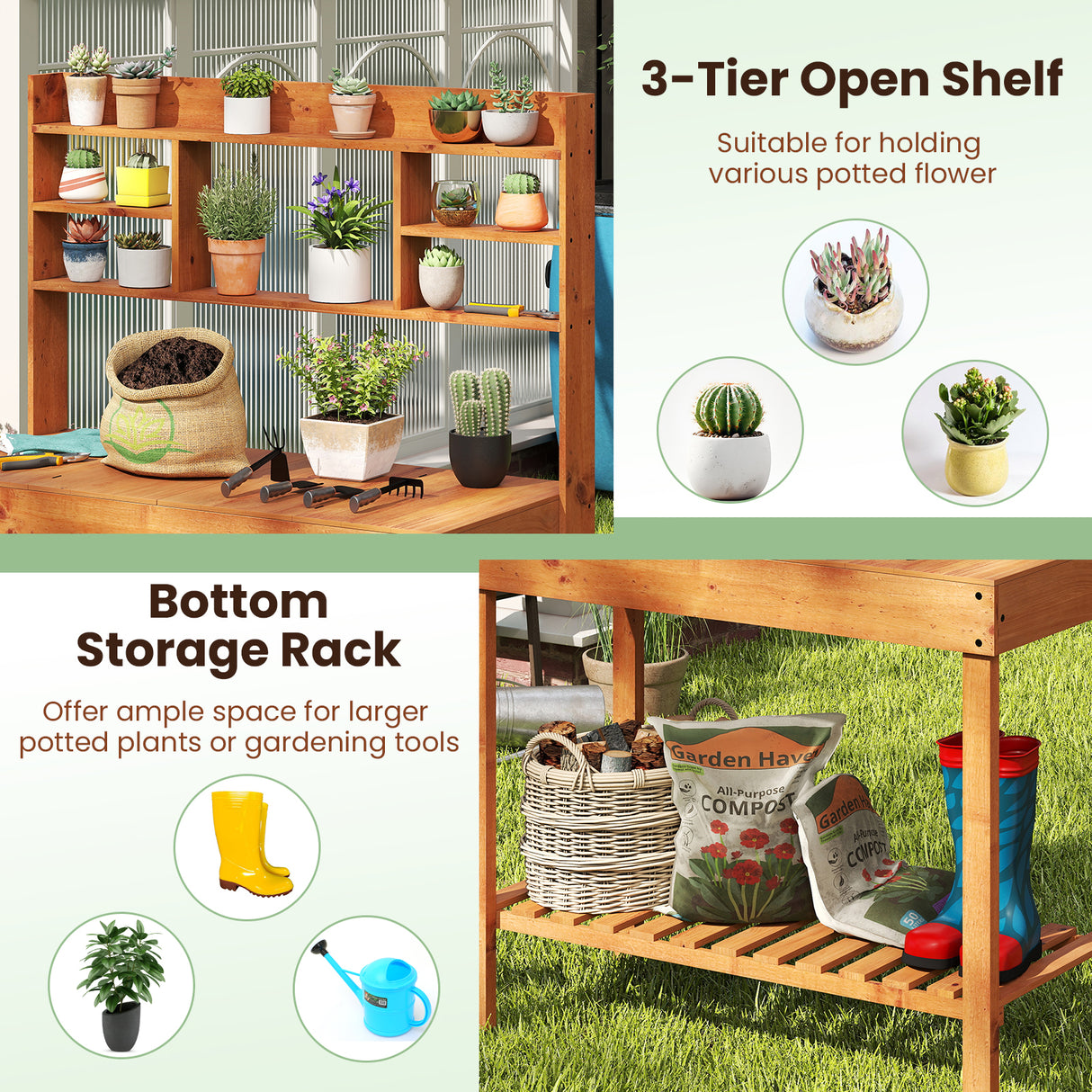 Wooden Potting Bench Table  61" Garden Planting Workstation with 3-Tier Open Shelf-Brown