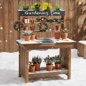 Wooden Potting Bench Table Outdoor Mud Kitchen with Solid Fir Wood Frame-Natural