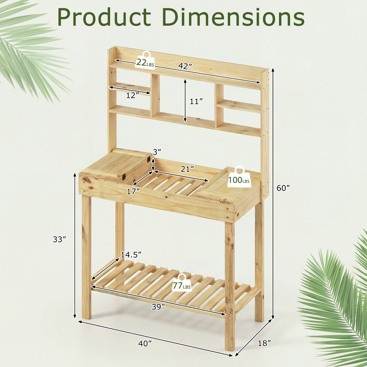 Wooden Potting Bench Table Garden Planting Workstation with 3-Tier Open Shelf-Natural