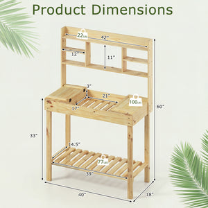 Wooden Potting Bench Table Garden Planting Workstation with 3-Tier Open Shelf-Natural