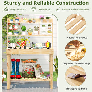 Wooden Potting Bench Table Garden Planting Workstation with 3-Tier Open Shelf-Natural