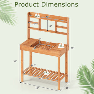 Wooden Potting Bench Table Garden Planting Workstation with 3-Tier Open Shelf-Brown