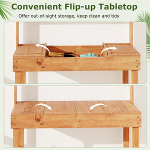 Wooden Potting Bench Table Garden Planting Workstation with 3-Tier Open Shelf-Brown