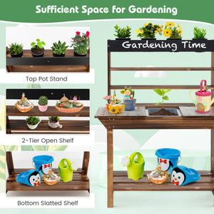 Wooden Potting Bench Table Outdoor Mud Kitchen with Solid Fir Wood Frame-Natural