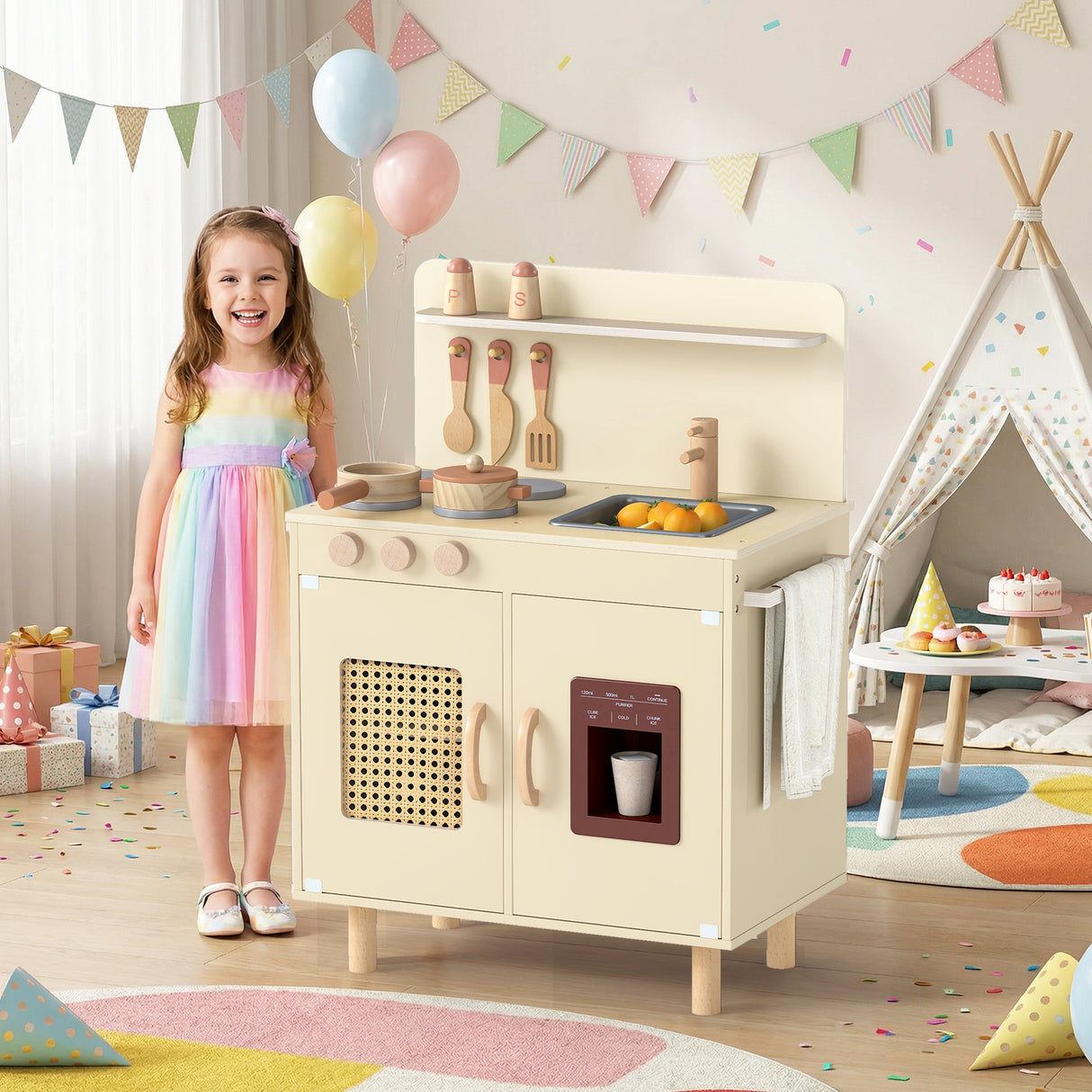 Wooden Pretend Kitchen Playset with Realistic Ice Maker-Yellow