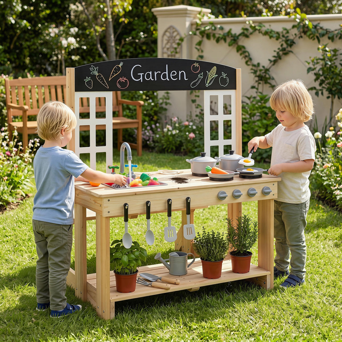 Wooden Pretend Play Kitchen with Bench and Cooking Accessories-Natural