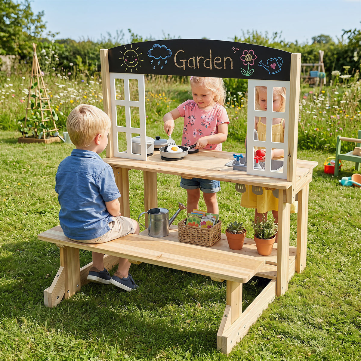 Wooden Pretend Play Kitchen with Bench and Cooking Accessories-Natural