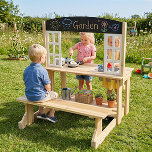 Wooden Pretend Play Kitchen with Bench and Cooking Accessories-Natural