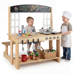 Wooden Pretend Play Kitchen with Bench and Cooking Accessories-Natural