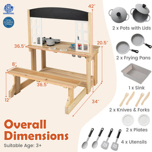 Wooden Pretend Play Kitchen with Bench and Cooking Accessories-Natural