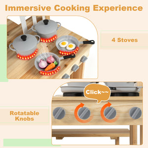 Wooden Pretend Play Kitchen with Bench and Cooking Accessories-Natural